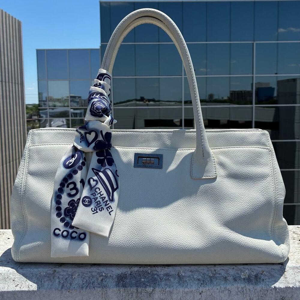 Chanel Executive Tote White Caviar Leather Silk CC Twilley